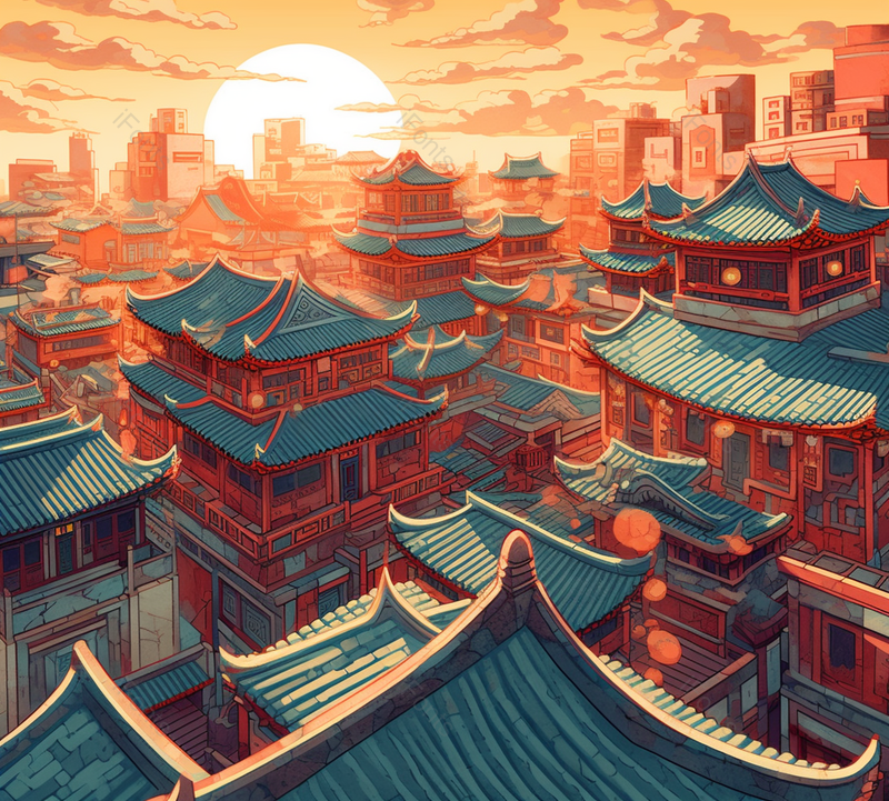 广角国风古代繁华建筑傍晚祥云壮观新中式插画,插画/手绘图,插画/手绘图库,插画/手绘图下载,插画/手绘